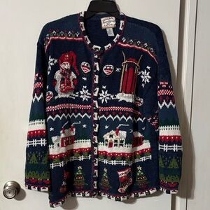 VTG Heirloom Collectibles Navy Christmas Front Button Cardigan Size 18/20